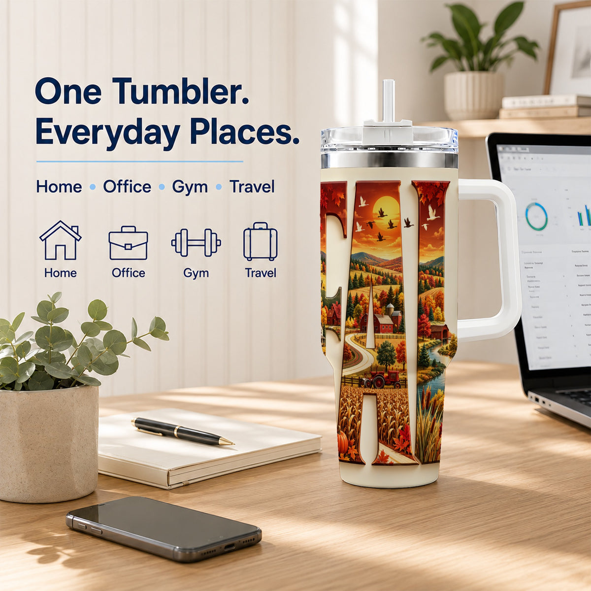 #pl[40oz|White] Autumn Farm 40oz Tumbler with Handle, Harvest Stainless Steel Travel Cup