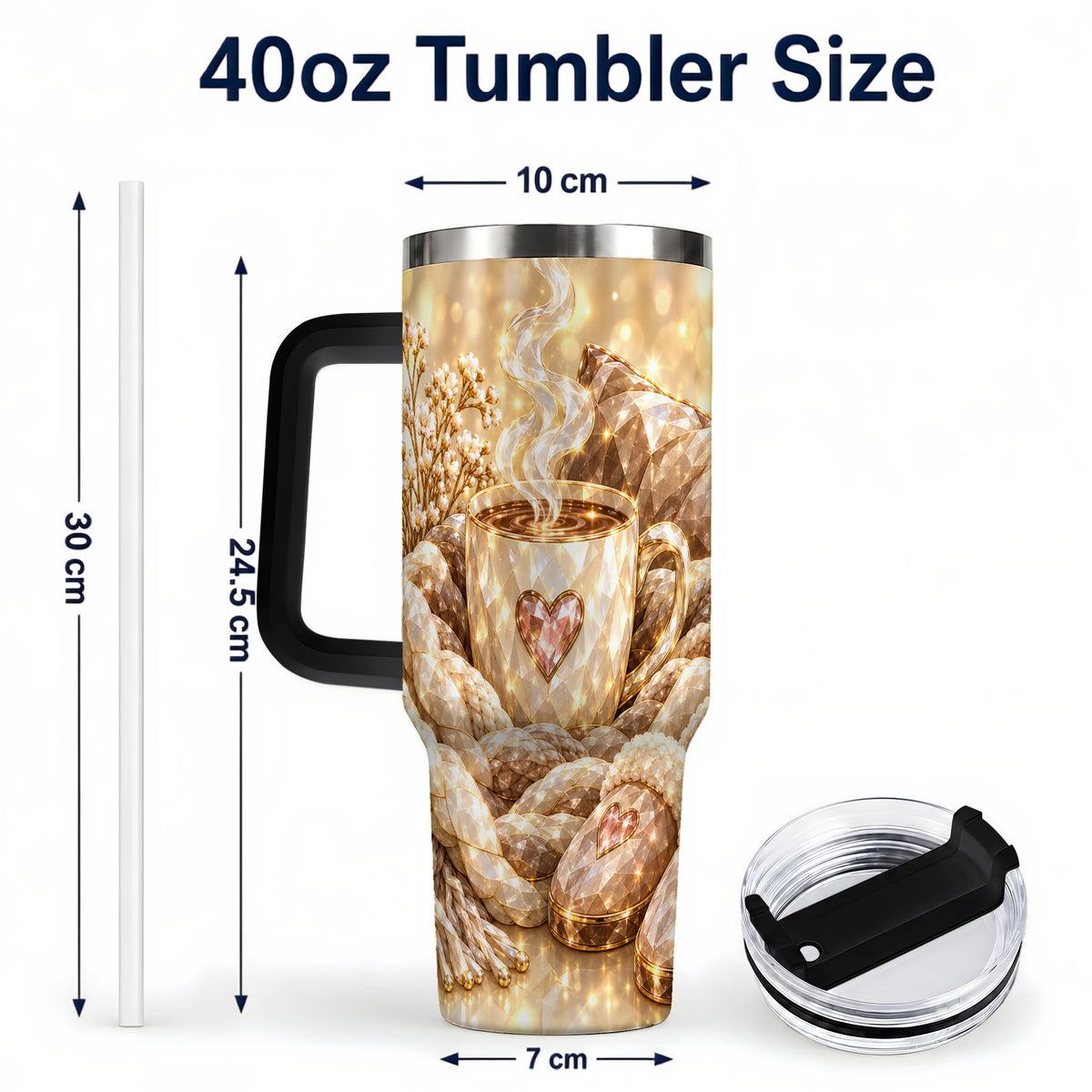 #pl[40oz|Black] Cozy Heart 40oz Tumbler with Handle, Gem Style Stainless Steel Travel Cup