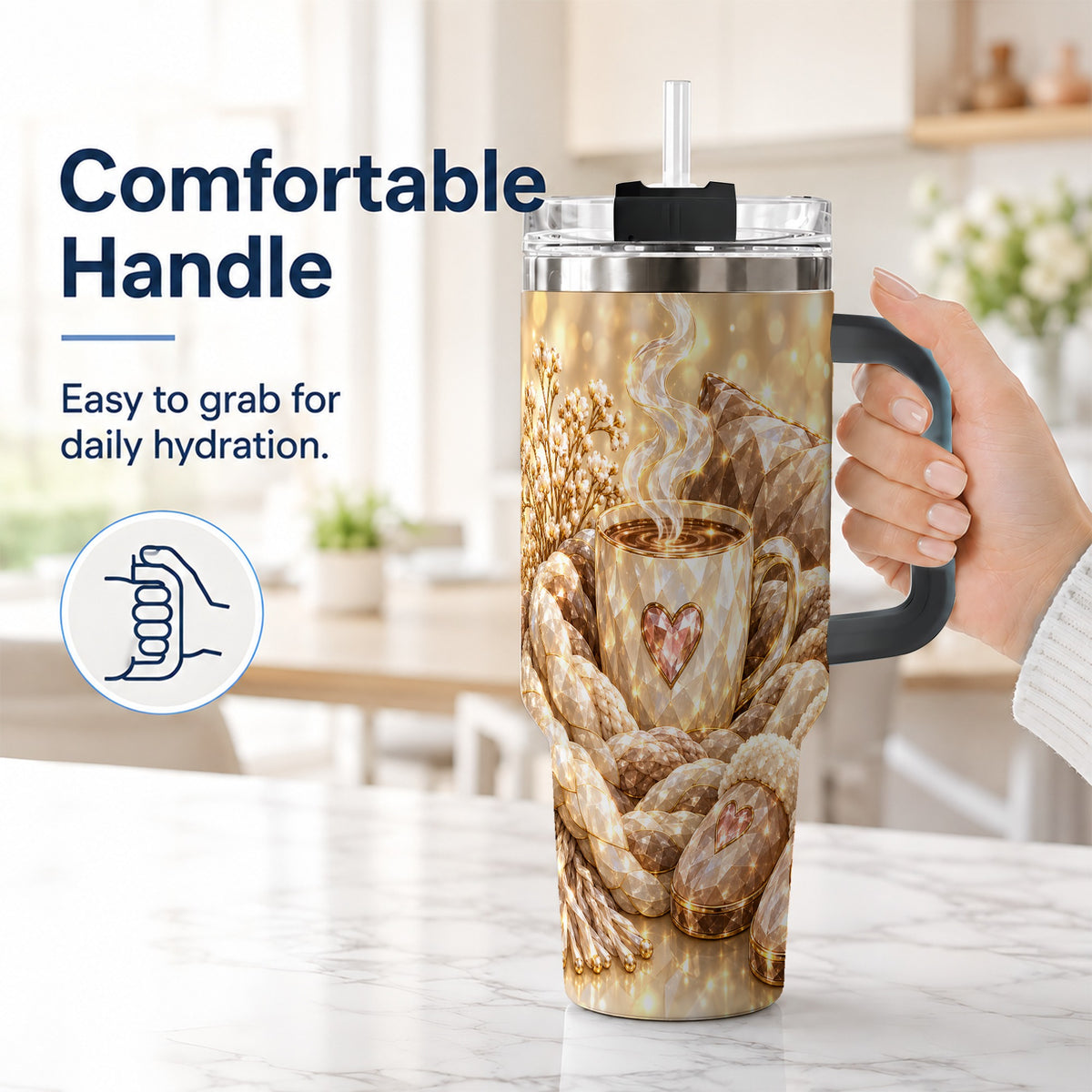 #pl[40oz|Black] Cozy Heart 40oz Tumbler with Handle, Gem Style Stainless Steel Travel Cup