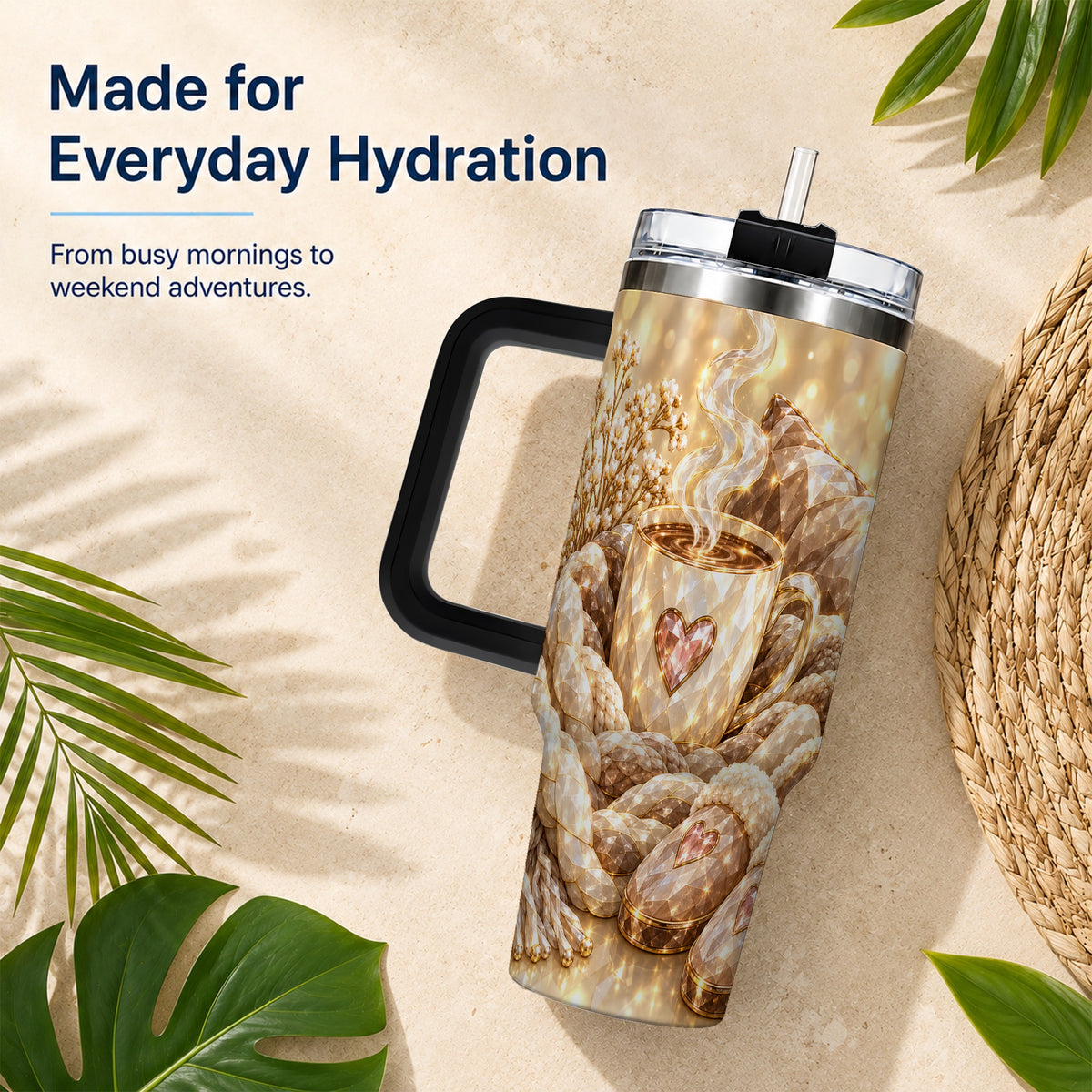#pl[40oz|Black] Cozy Heart 40oz Tumbler with Handle, Gem Style Stainless Steel Travel Cup