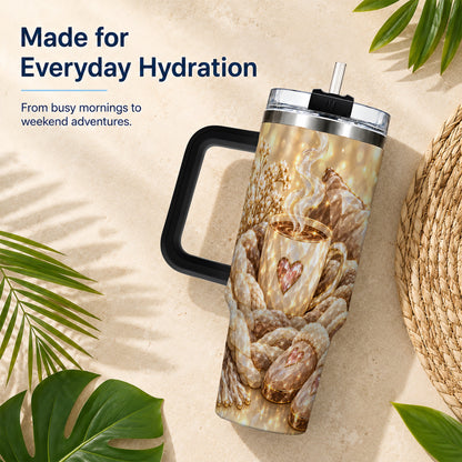 #pl[40oz|Black] Cozy Heart 40oz Tumbler with Handle, Gem Style Stainless Steel Travel Cup
