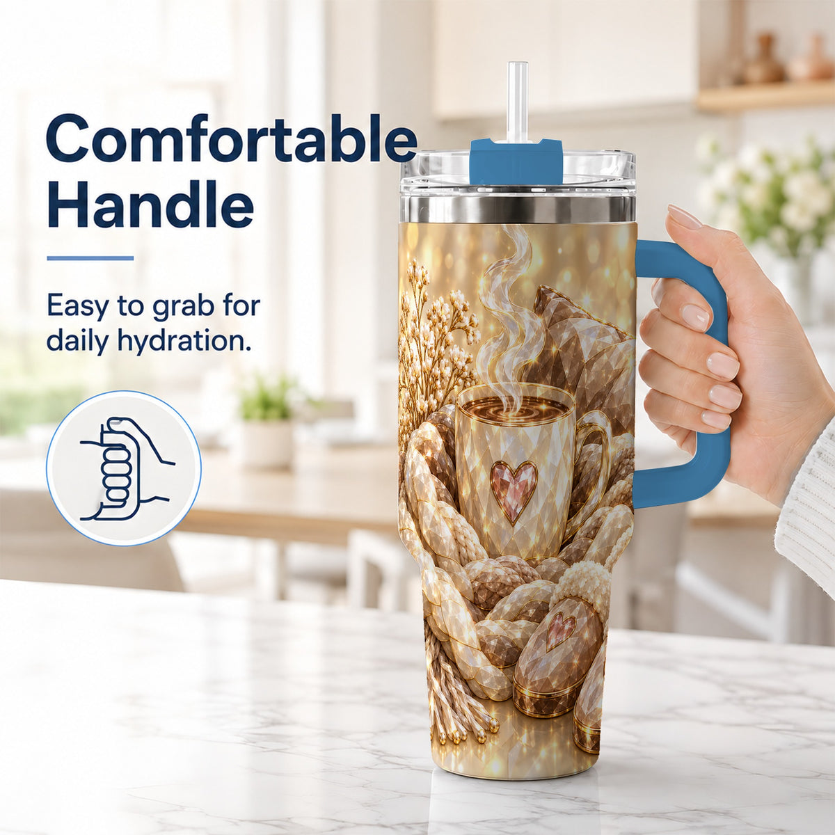 #pl[40oz|Blue] Cozy Heart 40oz Tumbler with Handle, Gem Style Stainless Steel Travel Cup