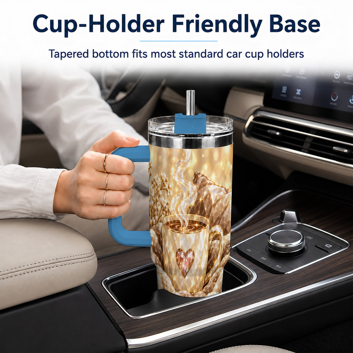 #pl[40oz|Blue] Cozy Heart 40oz Tumbler with Handle, Gem Style Stainless Steel Travel Cup