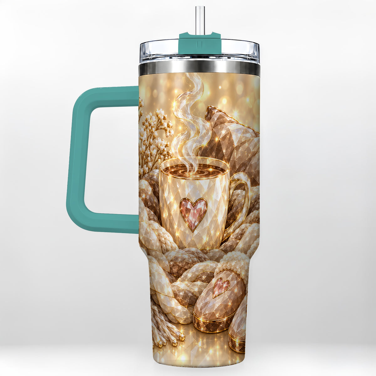 #pl[40oz|Green] Cozy Heart 40oz Tumbler with Handle, Gem Style Stainless Steel Travel Cup
