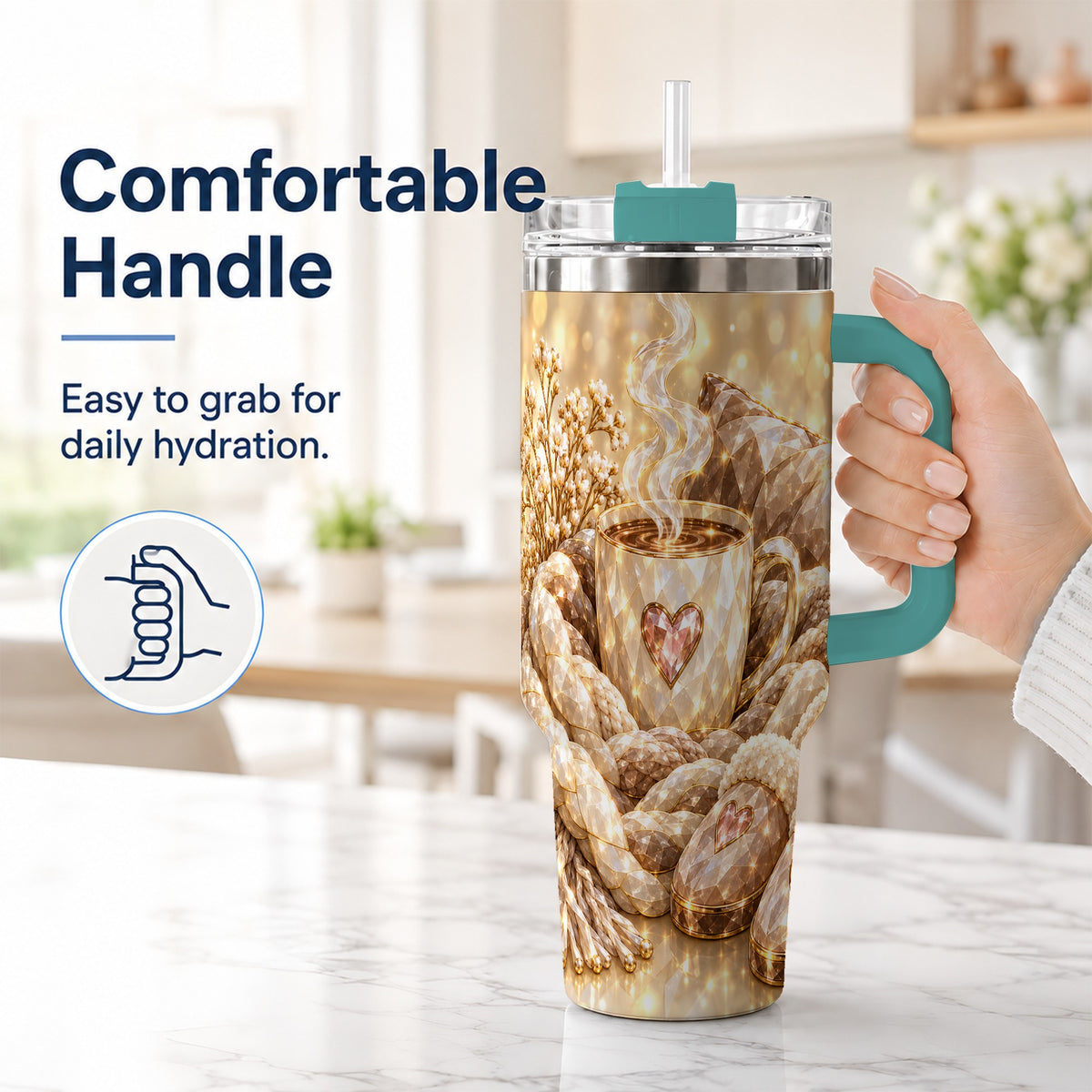 #pl[40oz|Green] Cozy Heart 40oz Tumbler with Handle, Gem Style Stainless Steel Travel Cup