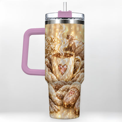 #pl[40oz|Pink] Cozy Heart 40oz Tumbler with Handle, Gem Style Stainless Steel Travel Cup