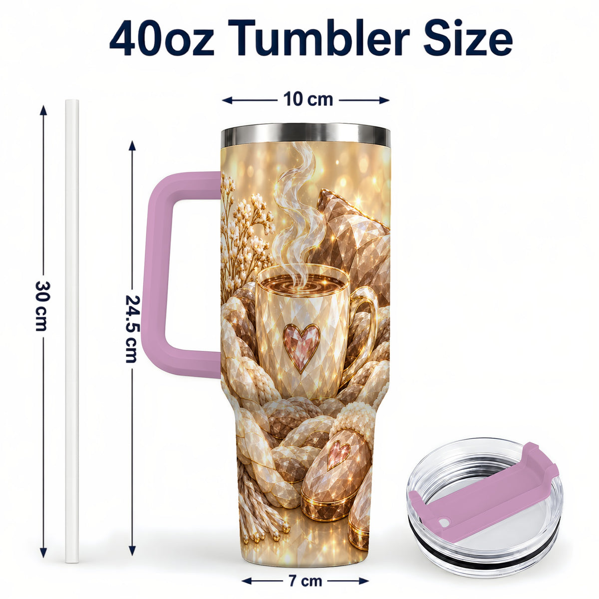 #pl[40oz|Pink] Cozy Heart 40oz Tumbler with Handle, Gem Style Stainless Steel Travel Cup