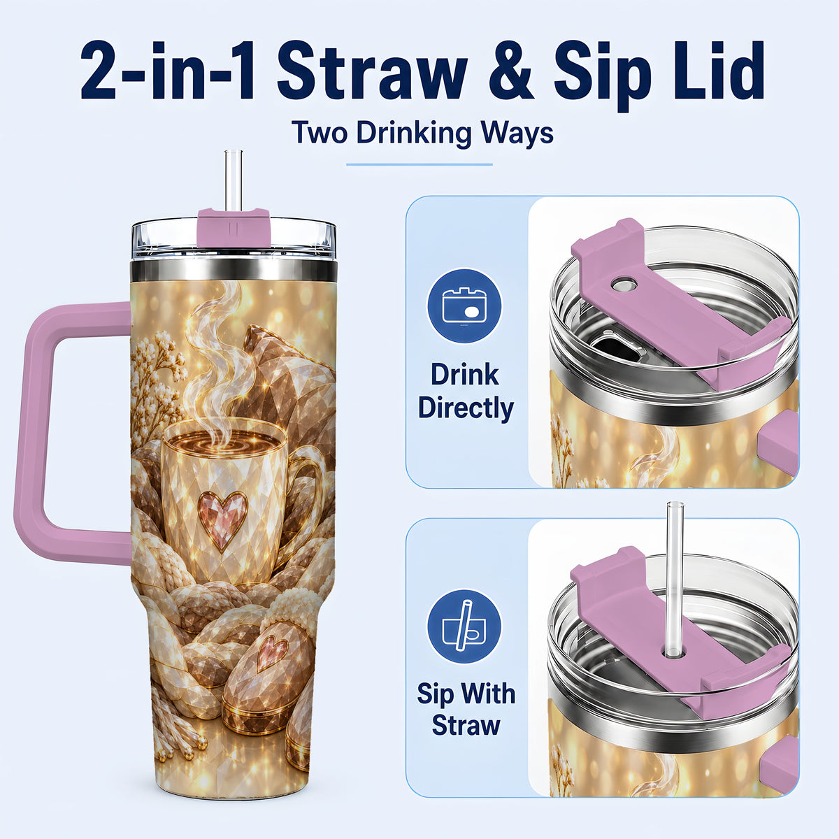 #pl[40oz|Pink] Cozy Heart 40oz Tumbler with Handle, Gem Style Stainless Steel Travel Cup