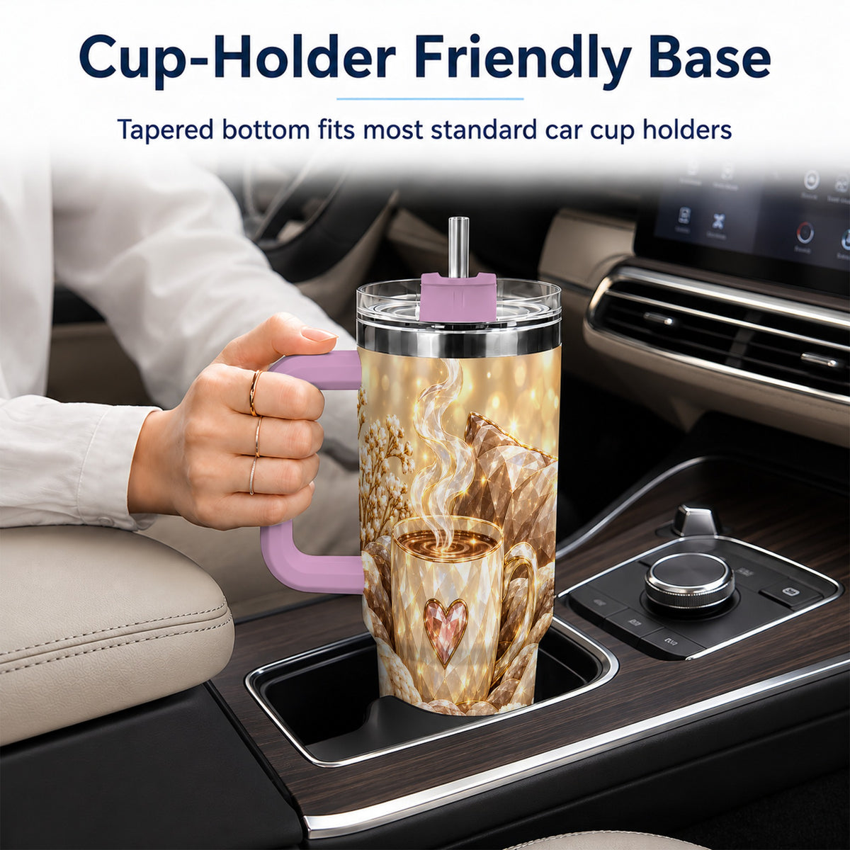 #pl[40oz|Pink] Cozy Heart 40oz Tumbler with Handle, Gem Style Stainless Steel Travel Cup