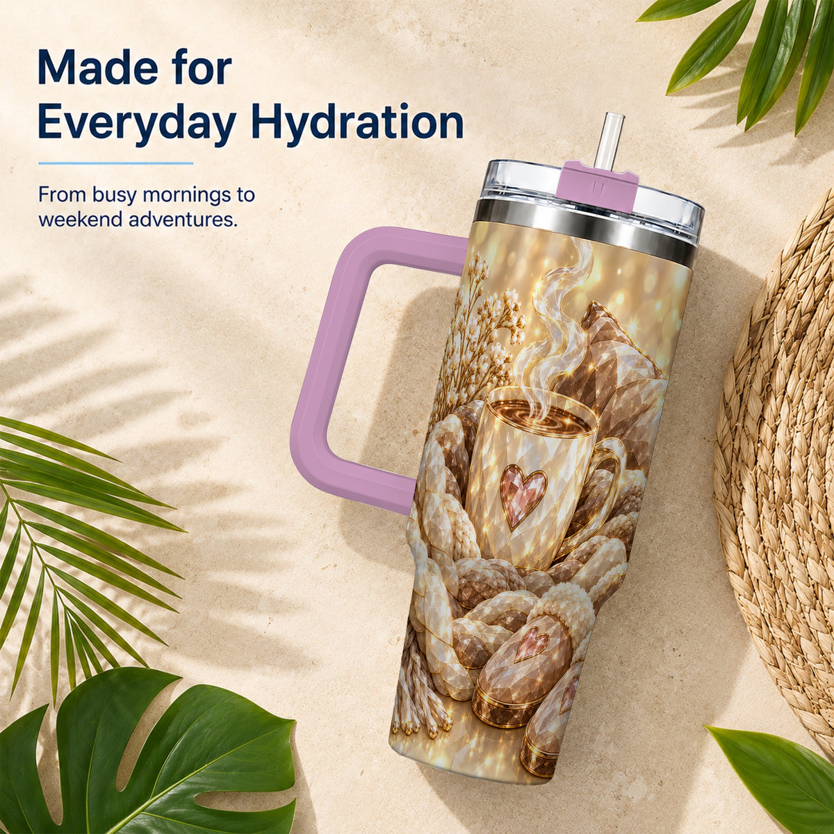 #pl[40oz|Pink] Cozy Heart 40oz Tumbler with Handle, Gem Style Stainless Steel Travel Cup