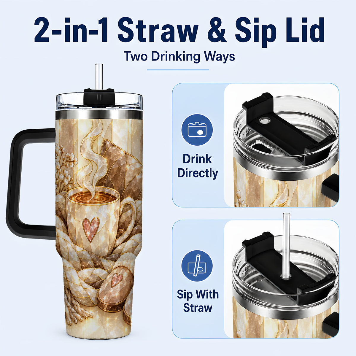 #pl[40oz|Black] Cozy Heart 40oz Tumbler with Handle, Glass Style Stainless Steel Travel Cup