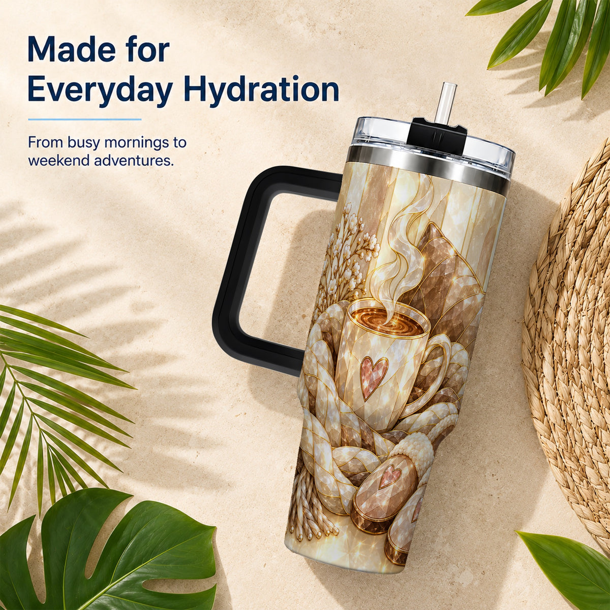 #pl[40oz|Black] Cozy Heart 40oz Tumbler with Handle, Glass Style Stainless Steel Travel Cup