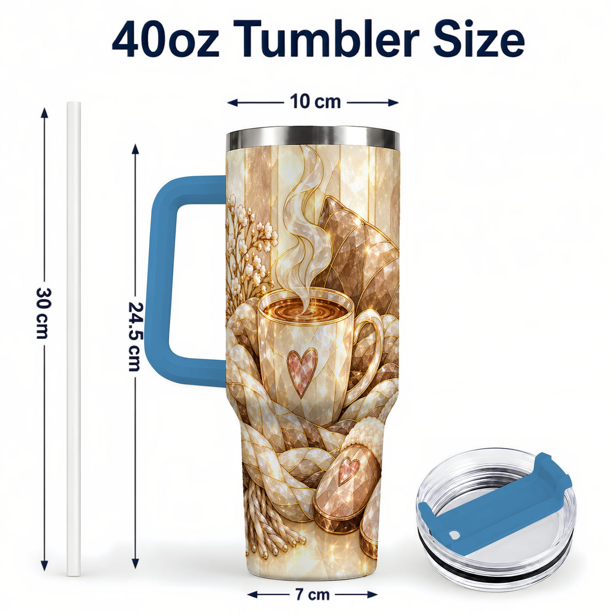 #pl[40oz|Blue] Cozy Heart 40oz Tumbler with Handle, Glass Style Stainless Steel Travel Cup