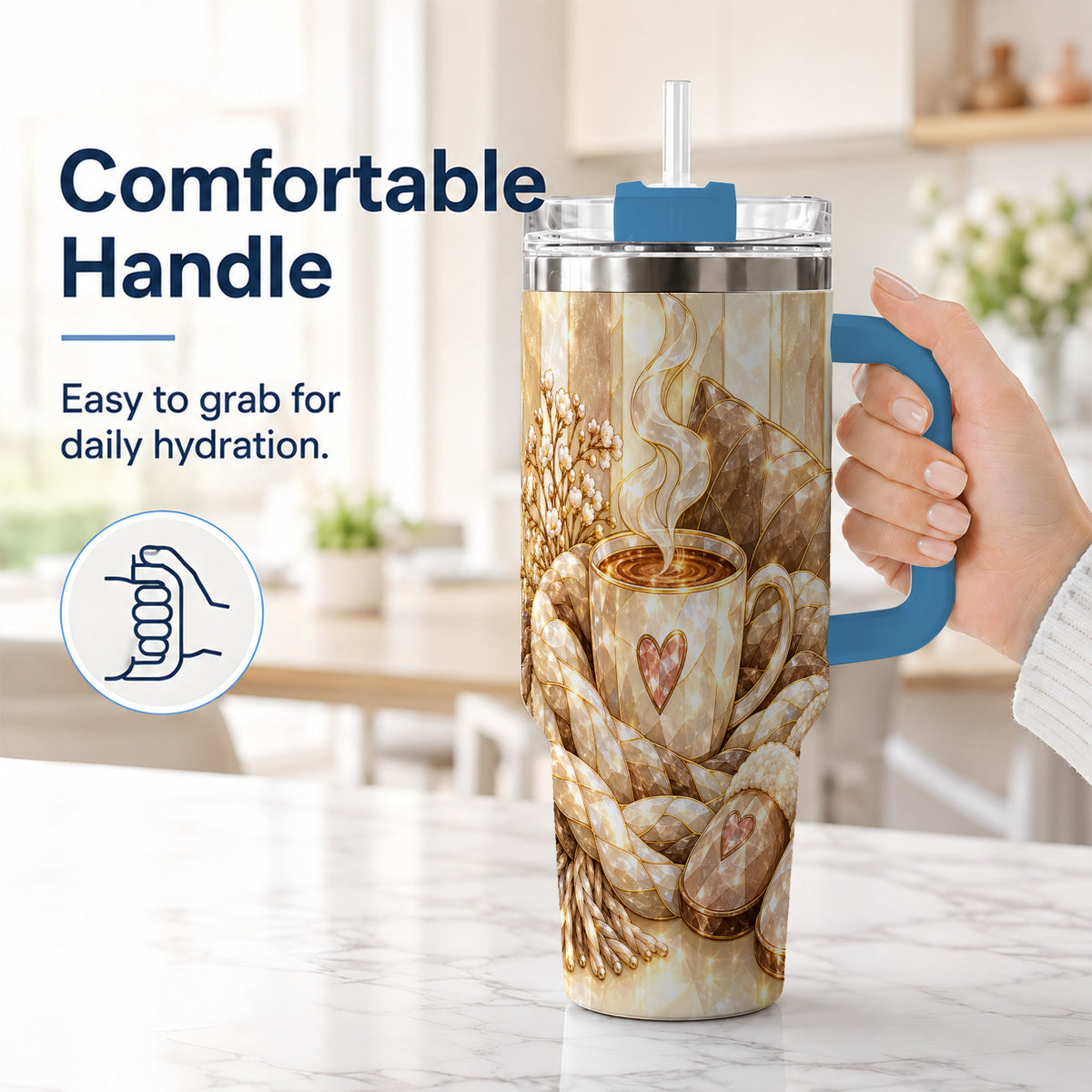 #pl[40oz|Blue] Cozy Heart 40oz Tumbler with Handle, Glass Style Stainless Steel Travel Cup