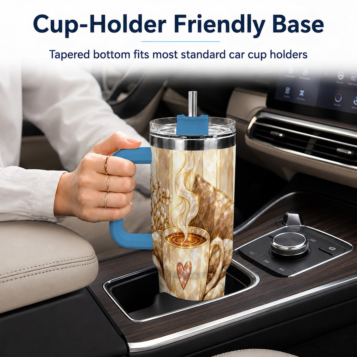 #pl[40oz|Blue] Cozy Heart 40oz Tumbler with Handle, Glass Style Stainless Steel Travel Cup