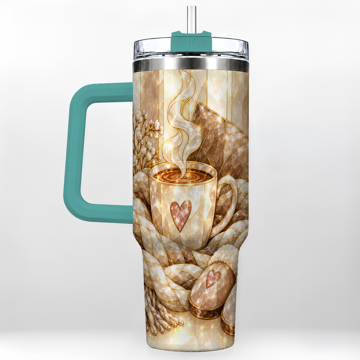 #pl[40oz|Green] Cozy Heart 40oz Tumbler with Handle, Glass Style Stainless Steel Travel Cup