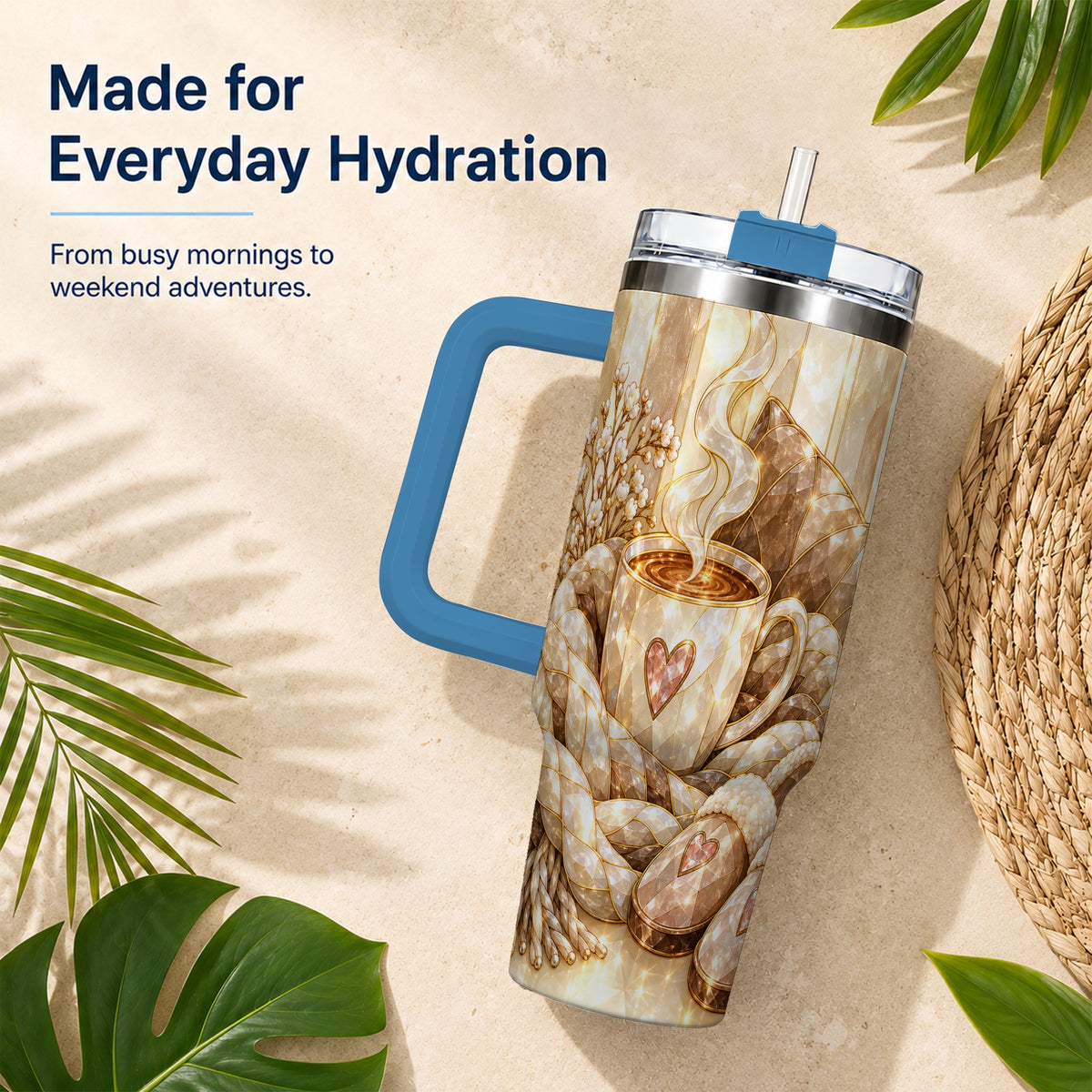 #pl[40oz|Blue] Cozy Heart 40oz Tumbler with Handle, Glass Style Stainless Steel Travel Cup