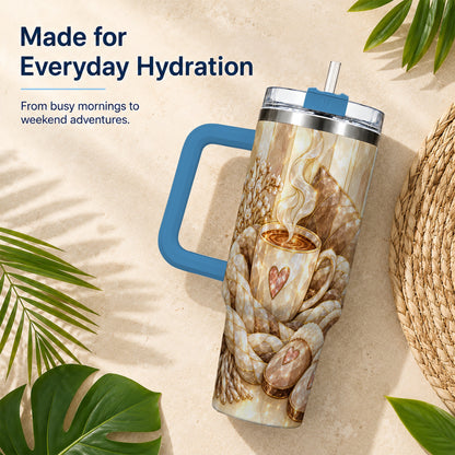 #pl[40oz|Blue] Cozy Heart 40oz Tumbler with Handle, Glass Style Stainless Steel Travel Cup