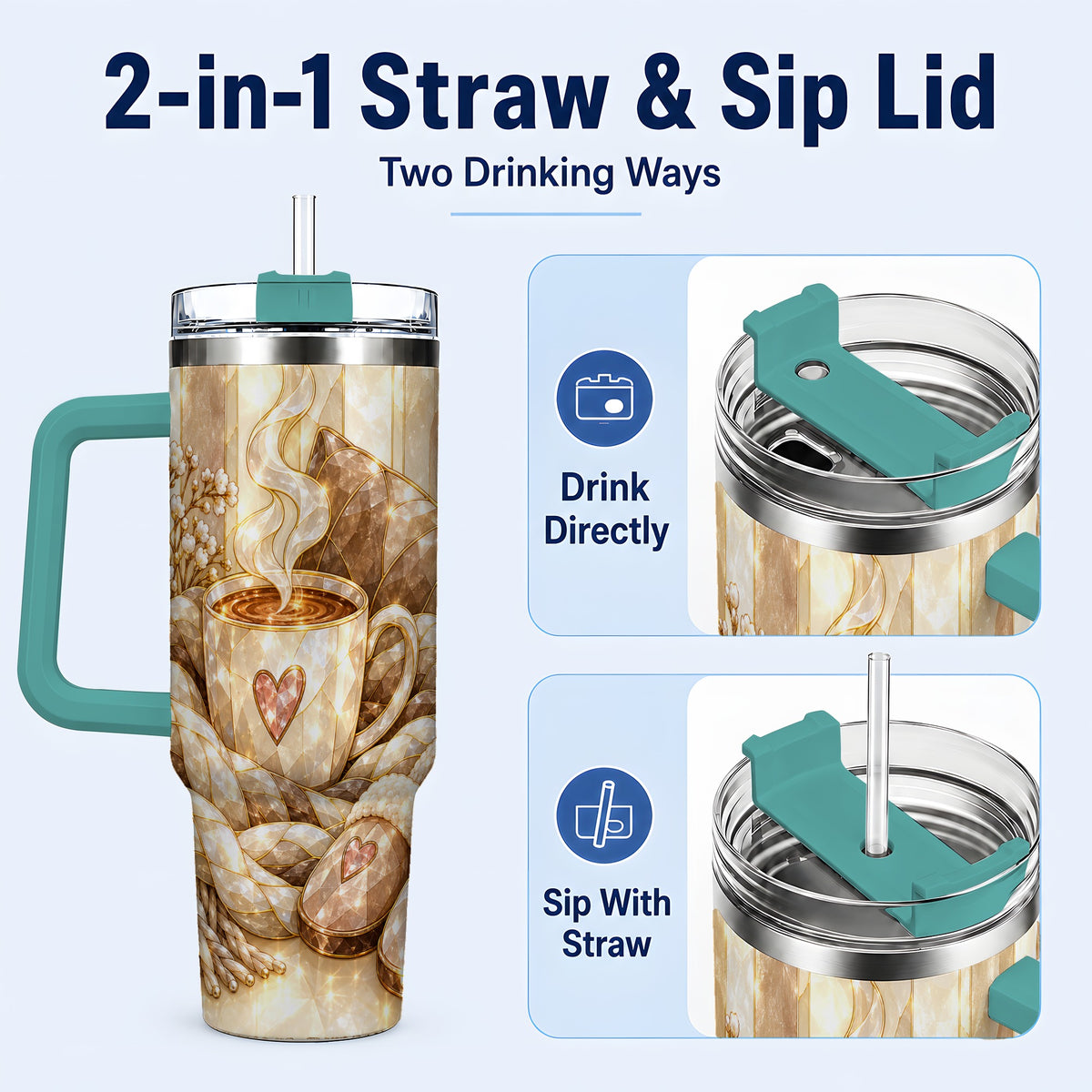 #pl[40oz|Green] Cozy Heart 40oz Tumbler with Handle, Glass Style Stainless Steel Travel Cup