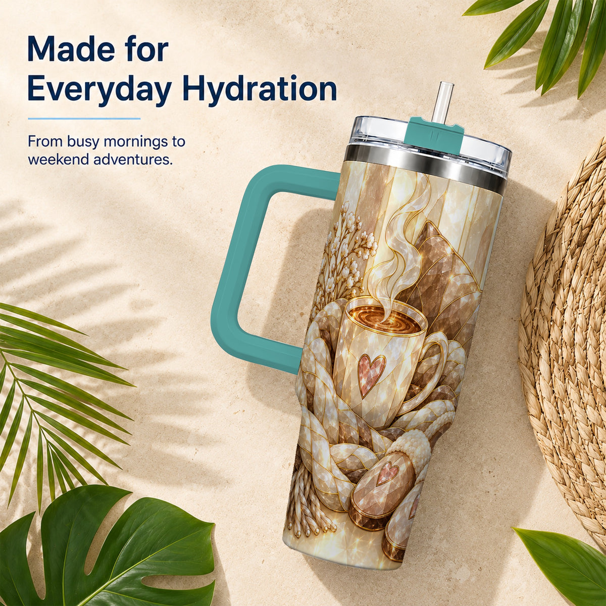 #pl[40oz|Green] Cozy Heart 40oz Tumbler with Handle, Glass Style Stainless Steel Travel Cup