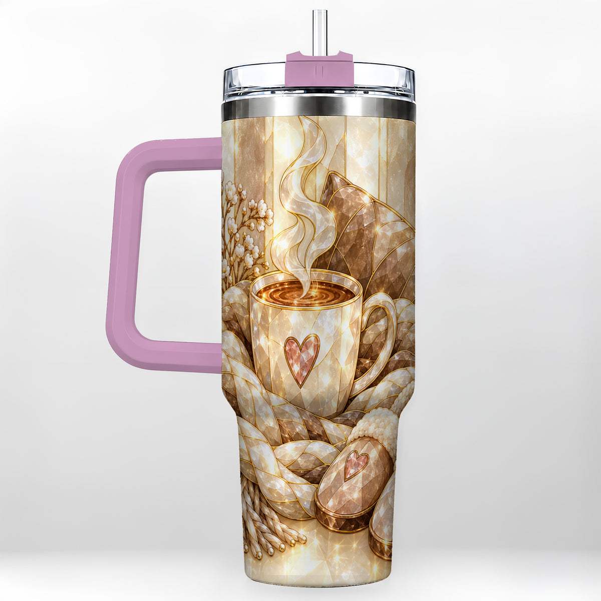 #pl[40oz|Pink] Cozy Heart 40oz Tumbler with Handle, Glass Style Stainless Steel Travel Cup