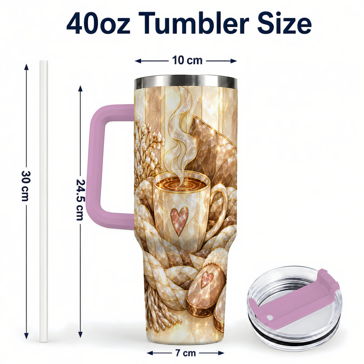 #pl[40oz|Pink] Cozy Heart 40oz Tumbler with Handle, Glass Style Stainless Steel Travel Cup