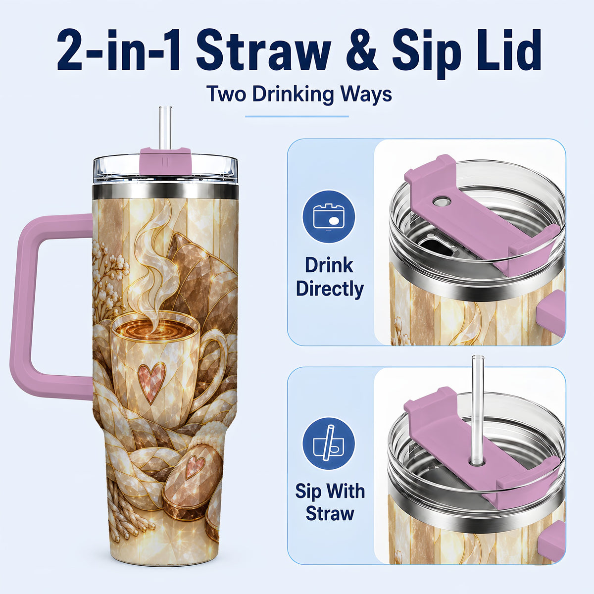 #pl[40oz|Pink] Cozy Heart 40oz Tumbler with Handle, Glass Style Stainless Steel Travel Cup