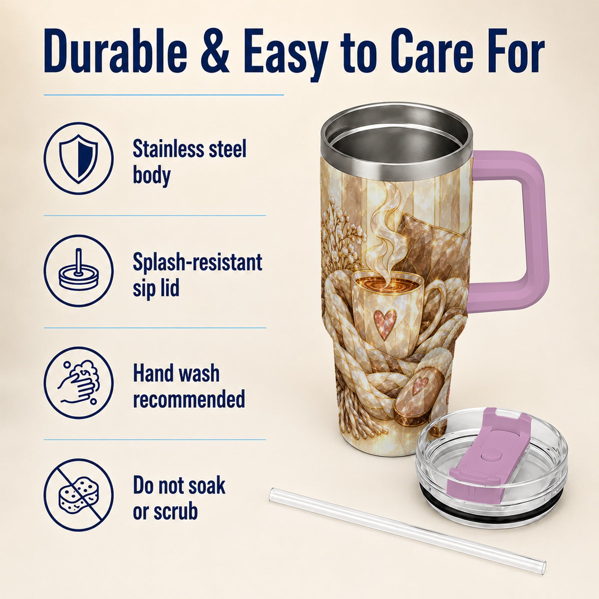 #pl[40oz|Pink] Cozy Heart 40oz Tumbler with Handle, Glass Style Stainless Steel Travel Cup
