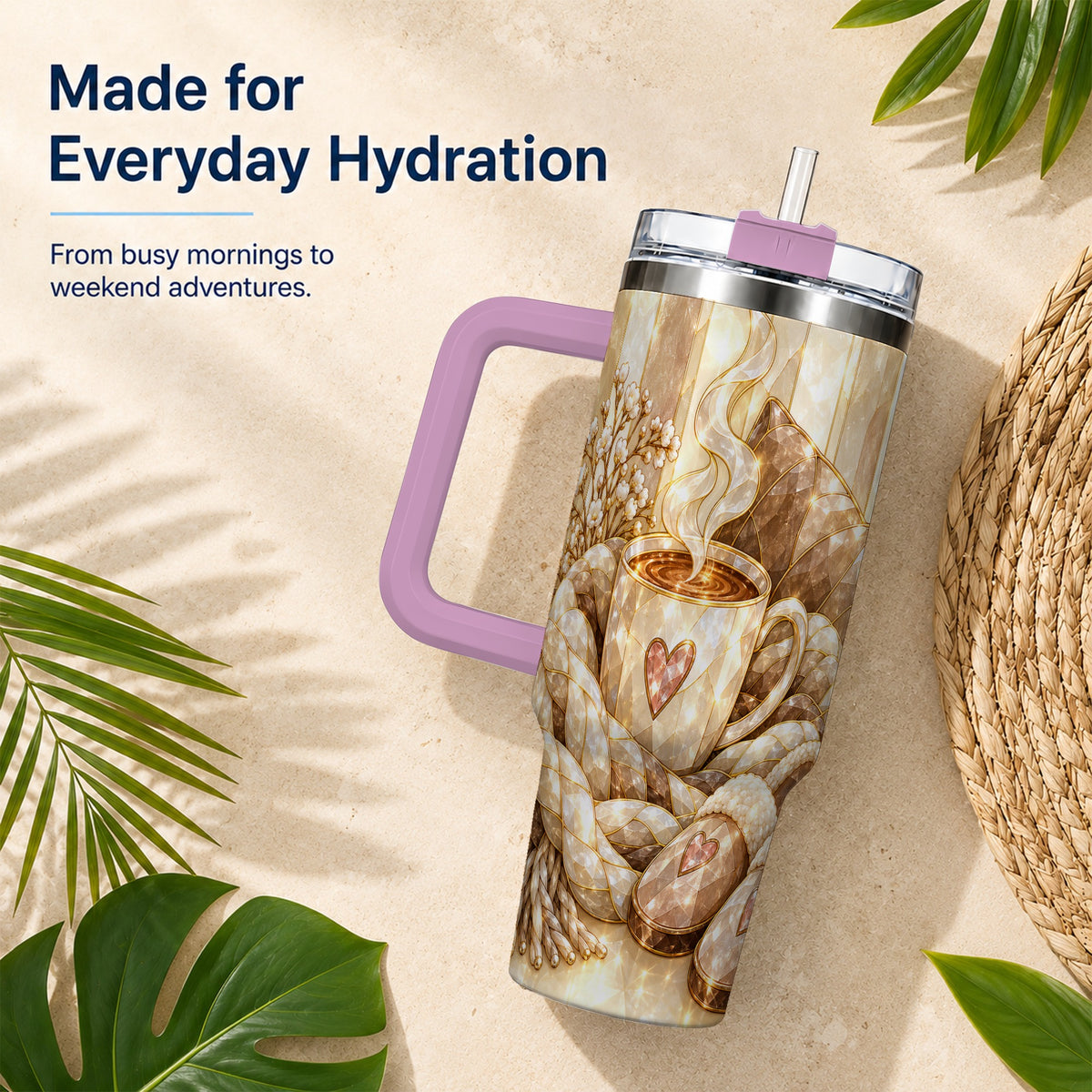 #pl[40oz|Pink] Cozy Heart 40oz Tumbler with Handle, Glass Style Stainless Steel Travel Cup