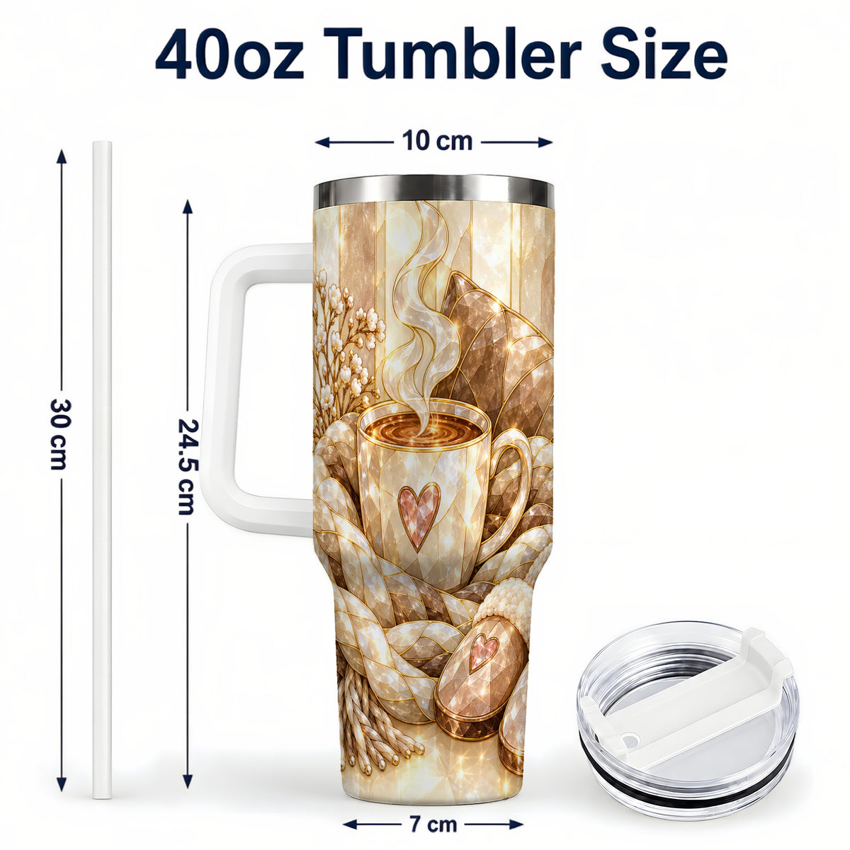 #pl[40oz|White] Cozy Heart 40oz Tumbler with Handle, Glass Style Stainless Steel Travel Cup