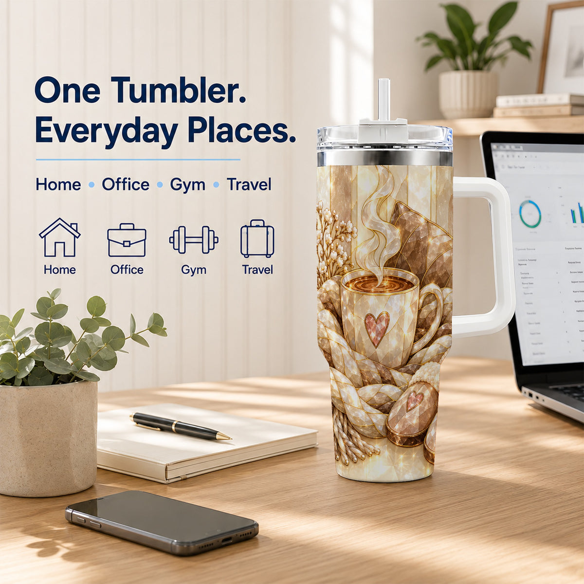 #pl[40oz|White] Cozy Heart 40oz Tumbler with Handle, Glass Style Stainless Steel Travel Cup