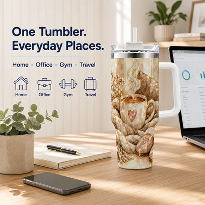 #pl[40oz|White] Cozy Heart 40oz Tumbler with Handle, Glass Style Stainless Steel Travel Cup