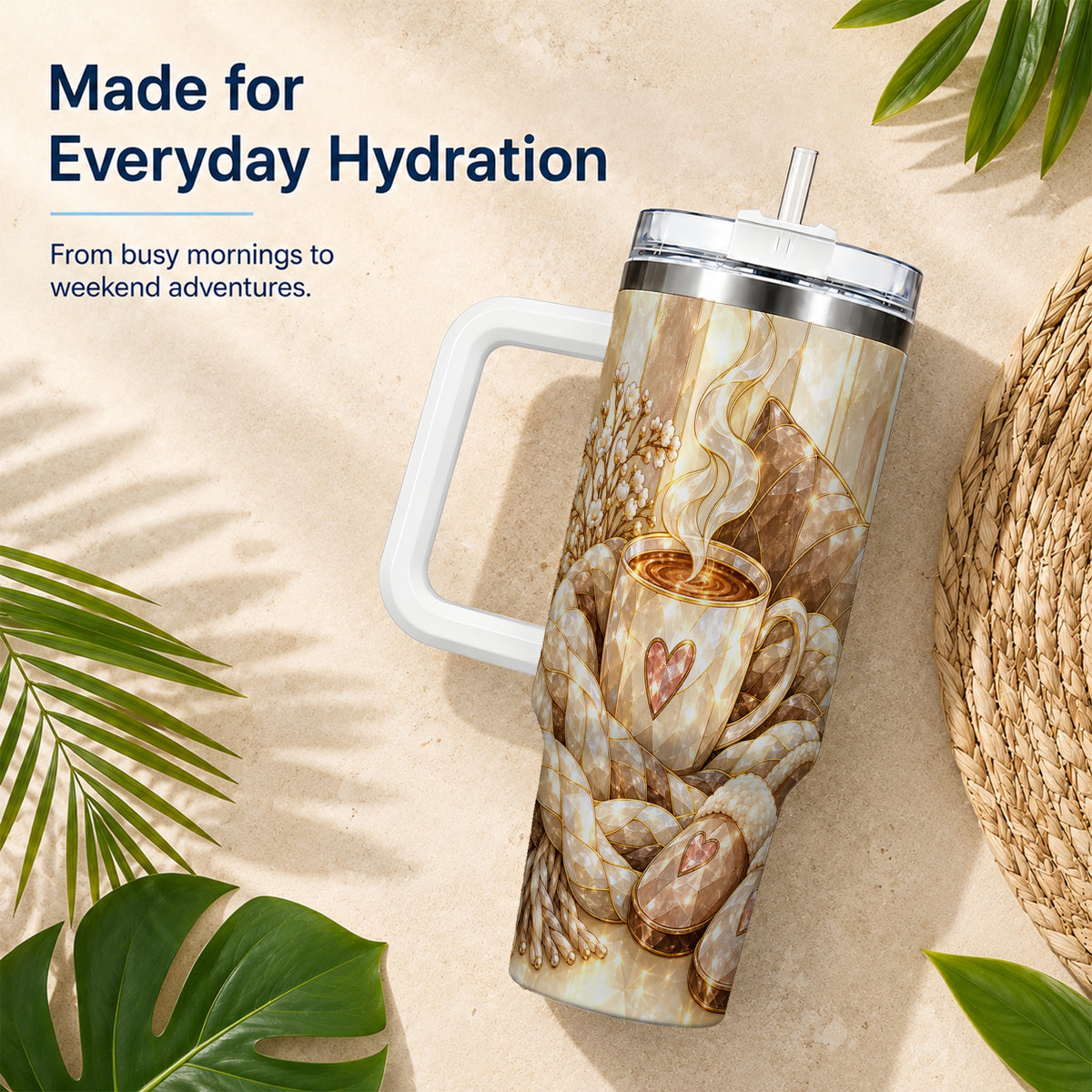 #pl[40oz|White] Cozy Heart 40oz Tumbler with Handle, Glass Style Stainless Steel Travel Cup