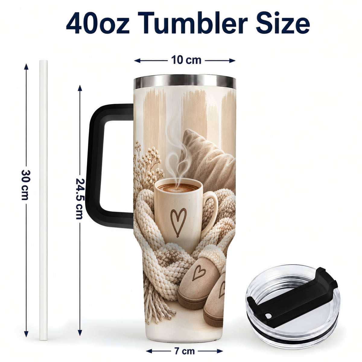 #pl[40oz|Black] Cozy Heart 40oz Tumbler with Handle, Neutral Stainless Steel Travel Cup