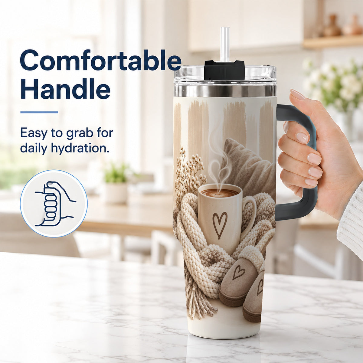 #pl[40oz|Black] Cozy Heart 40oz Tumbler with Handle, Neutral Stainless Steel Travel Cup