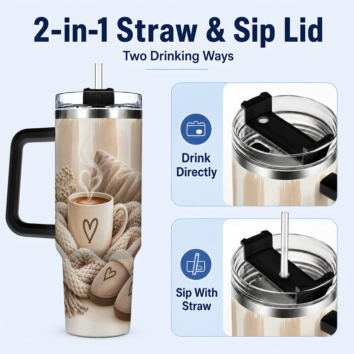 #pl[40oz|Black] Cozy Heart 40oz Tumbler with Handle, Neutral Stainless Steel Travel Cup
