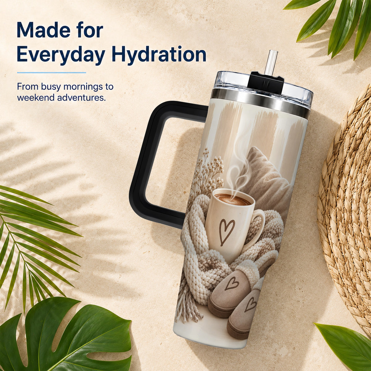 #pl[40oz|Black] Cozy Heart 40oz Tumbler with Handle, Neutral Stainless Steel Travel Cup