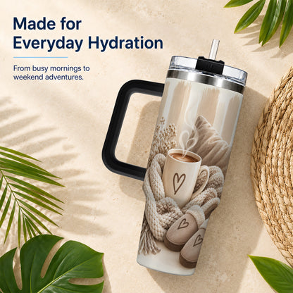 #pl[40oz|Black] Cozy Heart 40oz Tumbler with Handle, Neutral Stainless Steel Travel Cup