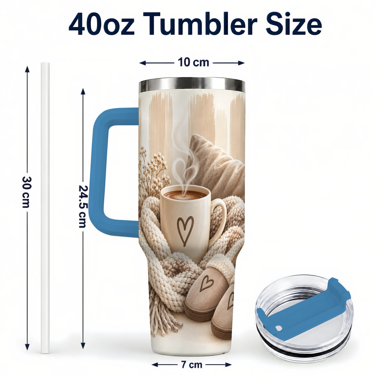#pl[40oz|Blue] Cozy Heart 40oz Tumbler with Handle, Neutral Stainless Steel Travel Cup
