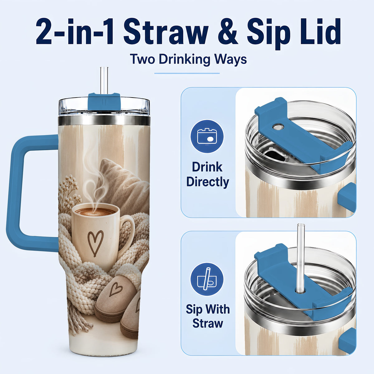 #pl[40oz|Blue] Cozy Heart 40oz Tumbler with Handle, Neutral Stainless Steel Travel Cup