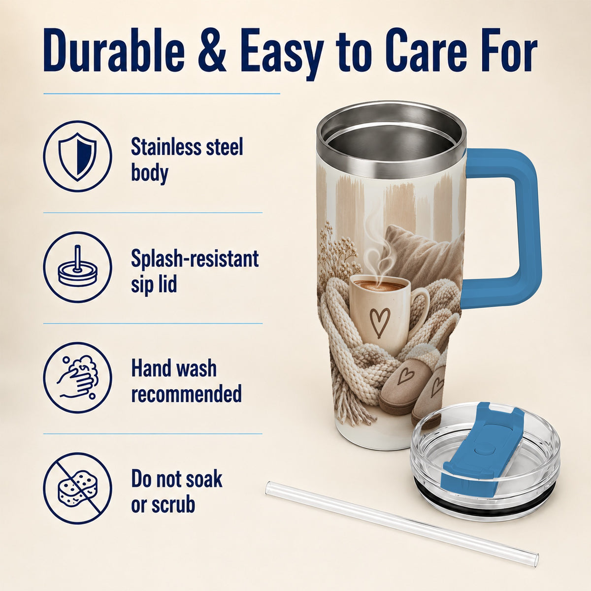 #pl[40oz|Blue] Cozy Heart 40oz Tumbler with Handle, Neutral Stainless Steel Travel Cup