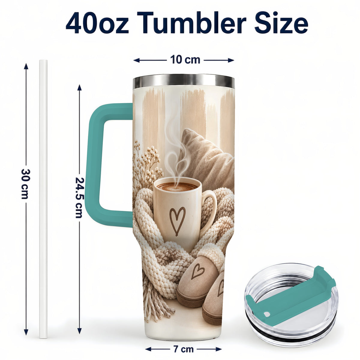 #pl[40oz|Green] Cozy Heart 40oz Tumbler with Handle, Neutral Stainless Steel Travel Cup