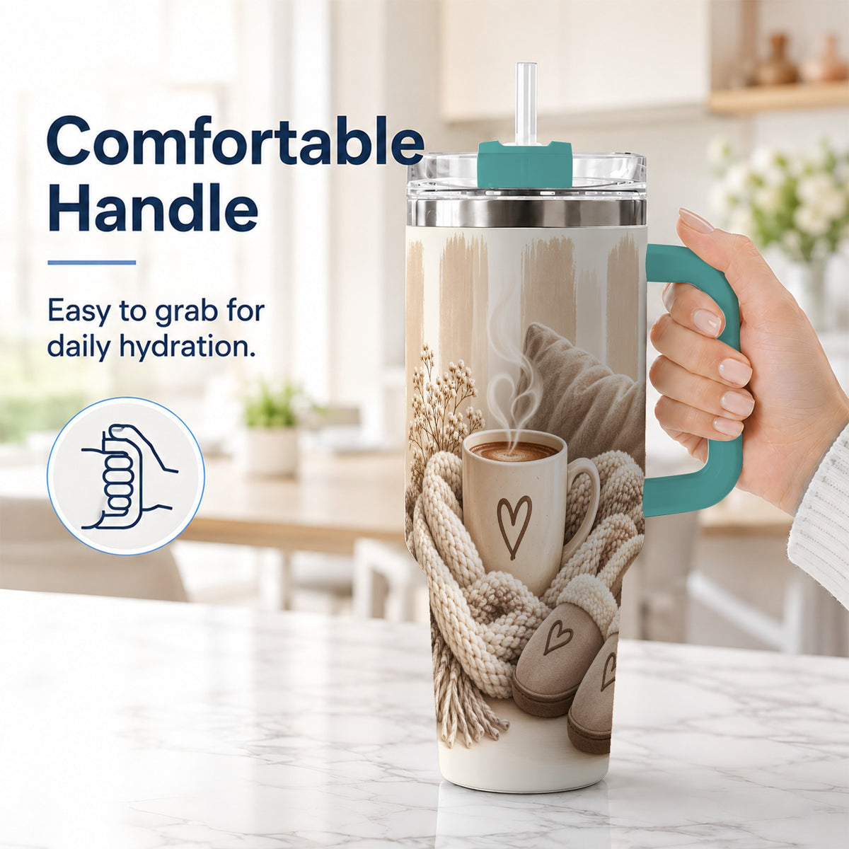 #pl[40oz|Green] Cozy Heart 40oz Tumbler with Handle, Neutral Stainless Steel Travel Cup