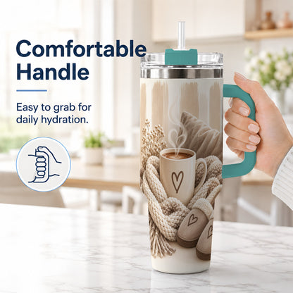 #pl[40oz|Green] Cozy Heart 40oz Tumbler with Handle, Neutral Stainless Steel Travel Cup