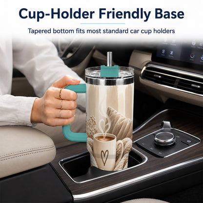 #pl[40oz|Green] Cozy Heart 40oz Tumbler with Handle, Neutral Stainless Steel Travel Cup
