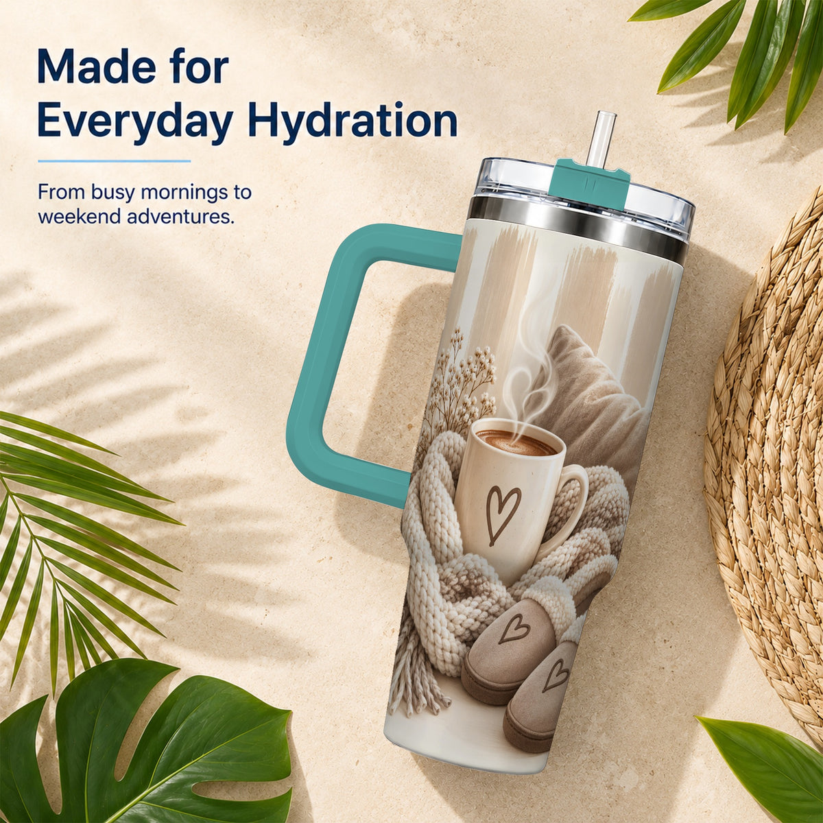 #pl[40oz|Green] Cozy Heart 40oz Tumbler with Handle, Neutral Stainless Steel Travel Cup