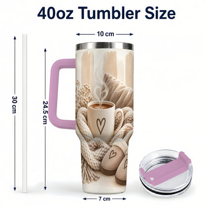 #pl[40oz|Pink] Cozy Heart 40oz Tumbler with Handle, Neutral Stainless Steel Travel Cup
