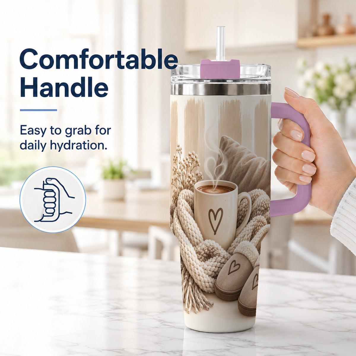 #pl[40oz|Pink] Cozy Heart 40oz Tumbler with Handle, Neutral Stainless Steel Travel Cup