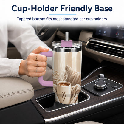 #pl[40oz|Pink] Cozy Heart 40oz Tumbler with Handle, Neutral Stainless Steel Travel Cup