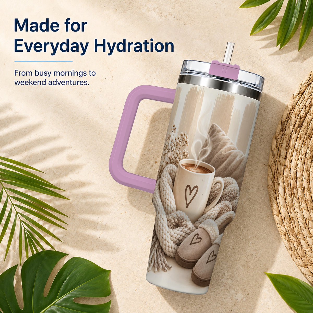 #pl[40oz|Pink] Cozy Heart 40oz Tumbler with Handle, Neutral Stainless Steel Travel Cup